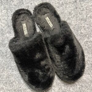 MICHAEL KORS Black Faux Fur Slippers 8M Logo Trim Cozy Mules